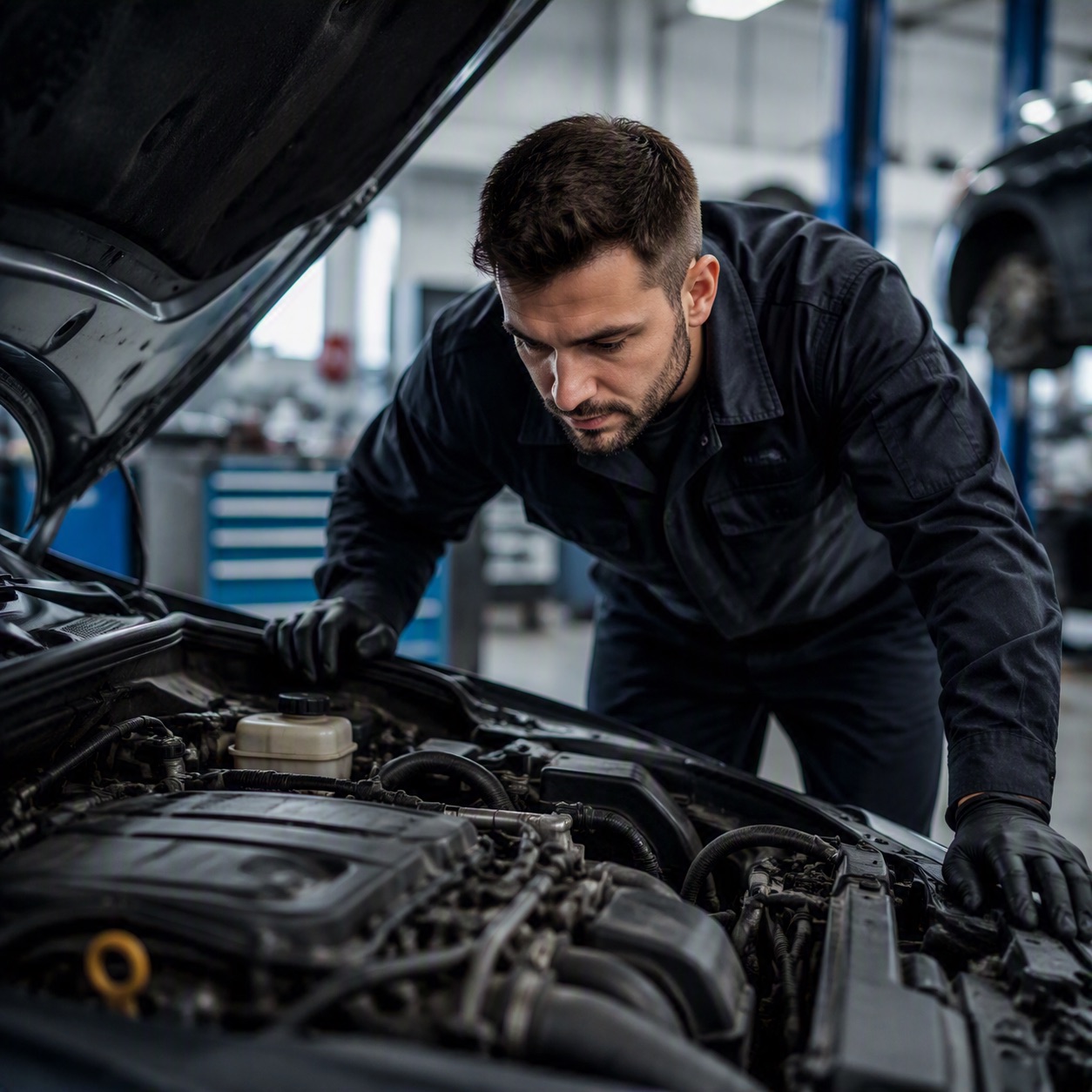 Mechanic inspecting an engine bay